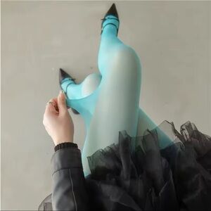 NWT clear aquamarine nylon silk teal tights fashion legs OS leggy style